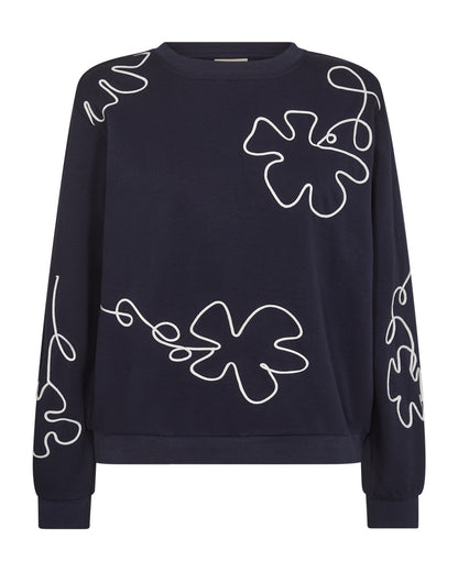 blå sweatshirt med rund hals og blomstermønster i hvidt outline broderi. Freequent FQNALE-PULLOVER Navy Blazer w. Star Off-white