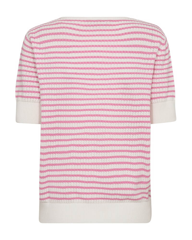 ryggen af pink og hvid stribet strik med korte ærmer. Freequent FQDODO-PULLOVER Star off-white w. Fuchsia Pink