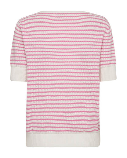 ryggen af pink og hvid stribet strik med korte ærmer. Freequent FQDODO-PULLOVER Star off-white w. Fuchsia Pink