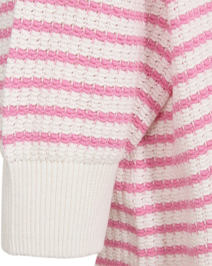 ærme med ribkant på pink og hvid stribet strik med korte ærmer. Freequent FQDODO-PULLOVER Star off-white w. Fuchsia Pink