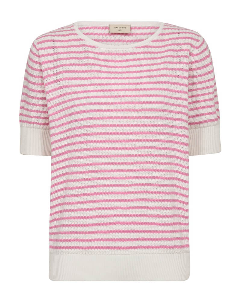 pink og hvid stribet strik med korte ærmer. Freequent FQDODO-PULLOVER Star off-white w. Fuchsia Pink