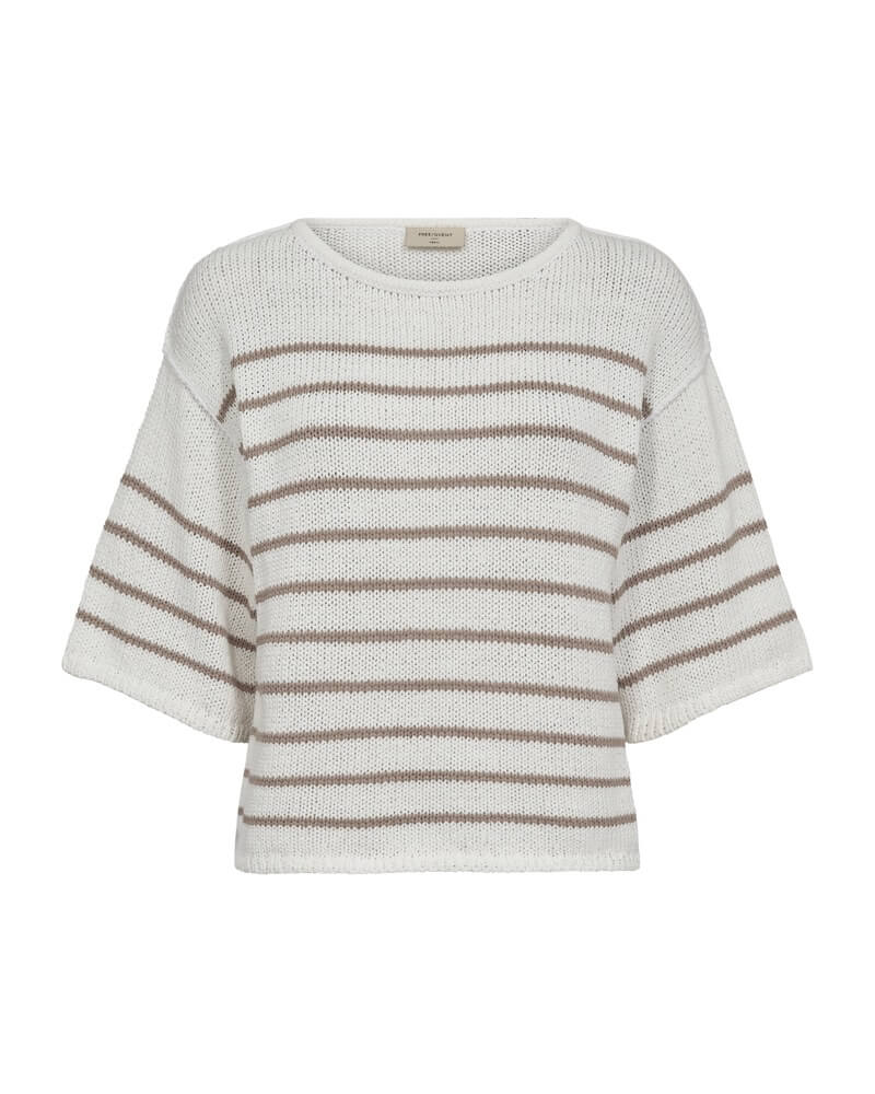 beige og hvid stribet strik Freequent FQGRANDE-PULLOVER Brilliant White w Simply Taupe