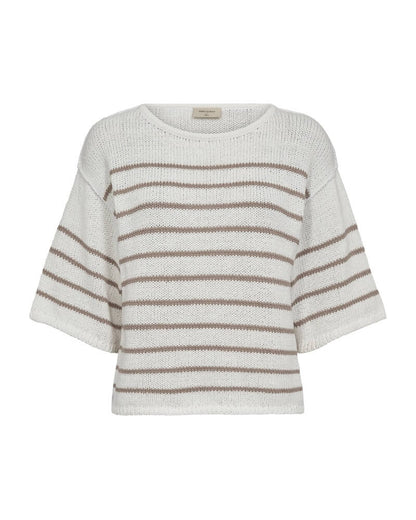 beige og hvid stribet strik Freequent FQGRANDE-PULLOVER Brilliant White w Simply Taupe