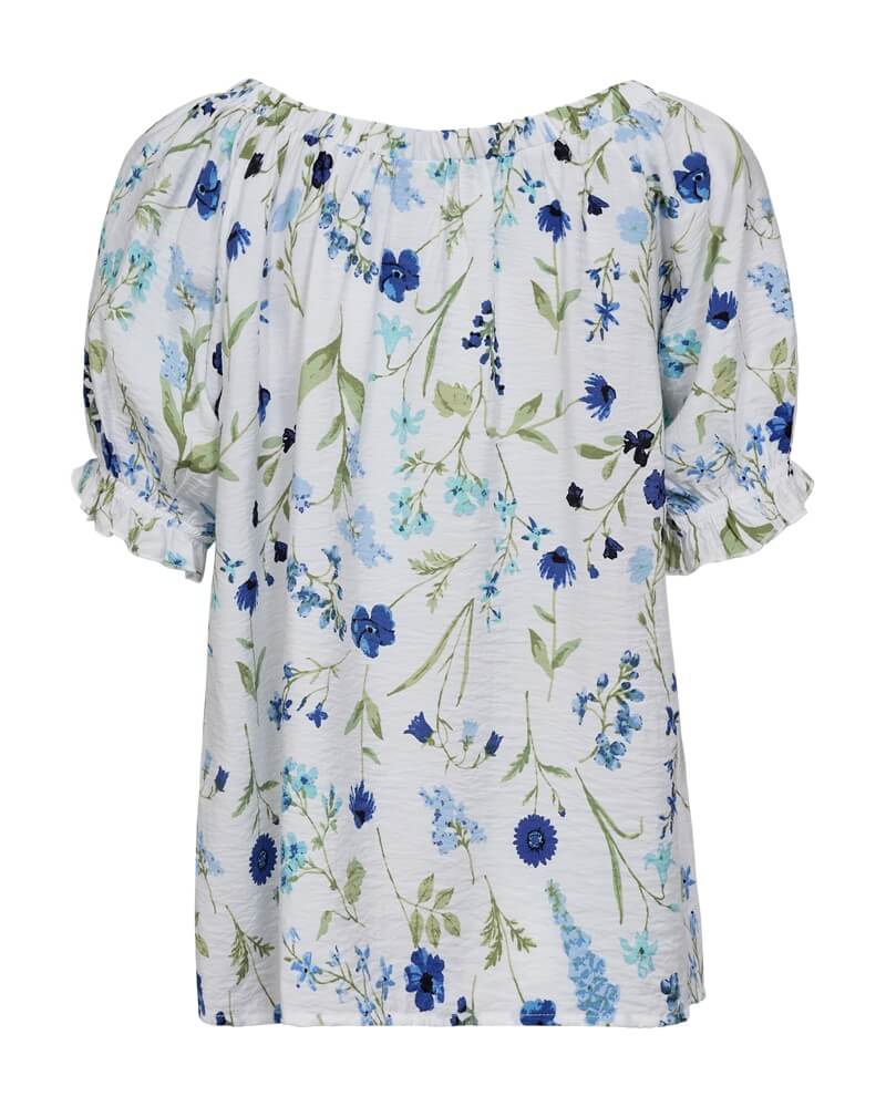 ryggen af hvid bluse med blåt blomstermønster. Freequent FQMELE-BLOUSE Brilliant White w Deep Ultrama