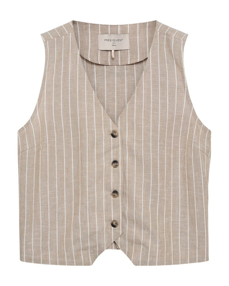 stribet beige vest med v-hals og knapper foran. Freequent Sand mel w. Star Off-white FQLAVEGA-WAISTCOAT