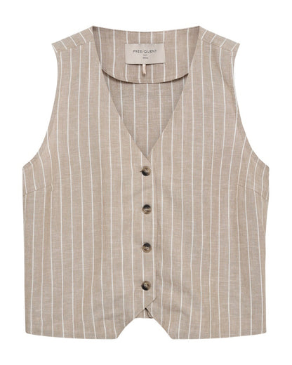 stribet beige vest med v-hals og knapper foran. Freequent Sand mel w. Star Off-white FQLAVEGA-WAISTCOAT