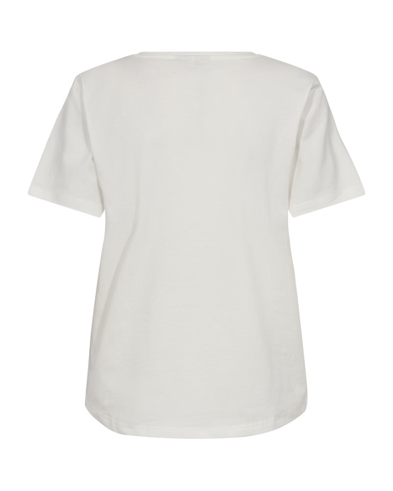 ryggen af kortærmet hvid t-shirt med pink tekst på brystet. Freequent FQFENJAL-TEE Star off-white w. Fuchsia Pink