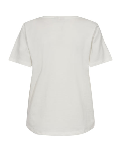 ryggen af kortærmet hvid t-shirt med pink tekst på brystet. Freequent FQFENJAL-TEE Star off-white w. Fuchsia Pink