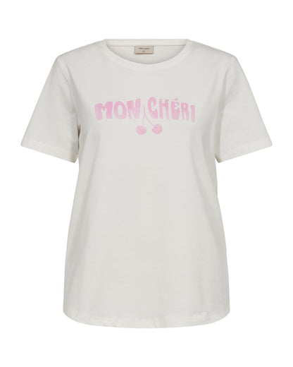 kortærmet hvid t-shirt med pink tekst på brystet. Freequent FQFENJAL-TEE Star off-white w. Fuchsia Pink