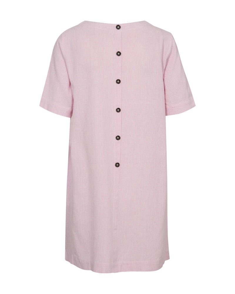 ryggen af lyserød kjole med korte ærmer og rund hals og knappelukning på ryggen. Freequent Off-white w Fuchsia Pink FQLAVA-DRESS