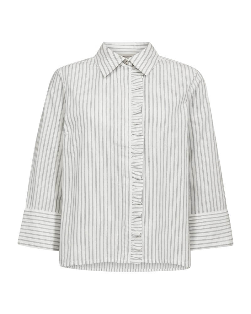 stribet skjortebluse med flæsekant over knaplukning. Freequent FQFIONA-SHIRT Star Off-White w. Salute