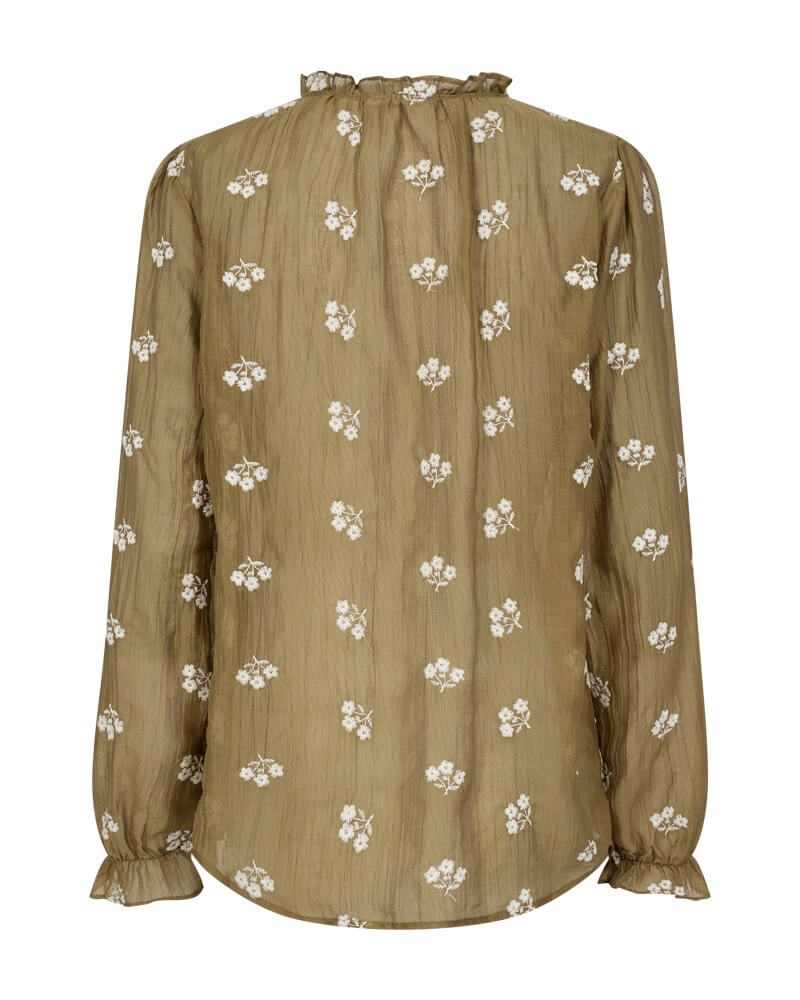 ryggen af bronze bluse med hvidt broderi og flæsedetaljer. Freequent FQWENDY-BLOUSE Antique Bronze w. Moonbeam