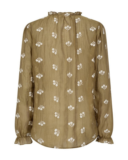 ryggen af bronze bluse med hvidt broderi og flæsedetaljer. Freequent FQWENDY-BLOUSE Antique Bronze w. Moonbeam