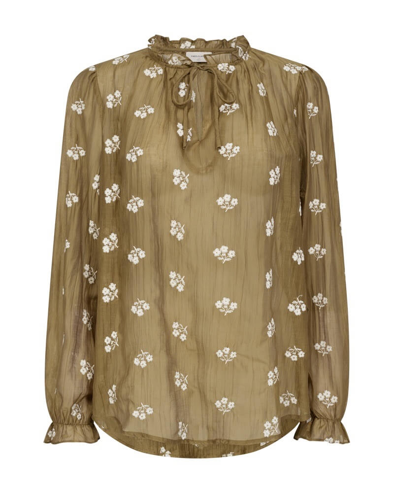 bronze bluse med hvidt broderi og flæsedetaljer. Freequent FQWENDY-BLOUSE Antique Bronze w. Moonbeam