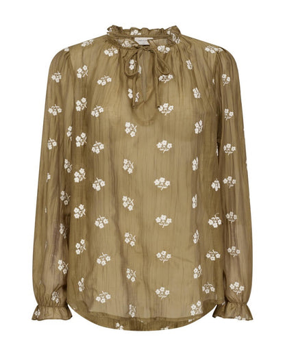 bronze bluse med hvidt broderi og flæsedetaljer. Freequent FQWENDY-BLOUSE Antique Bronze w. Moonbeam