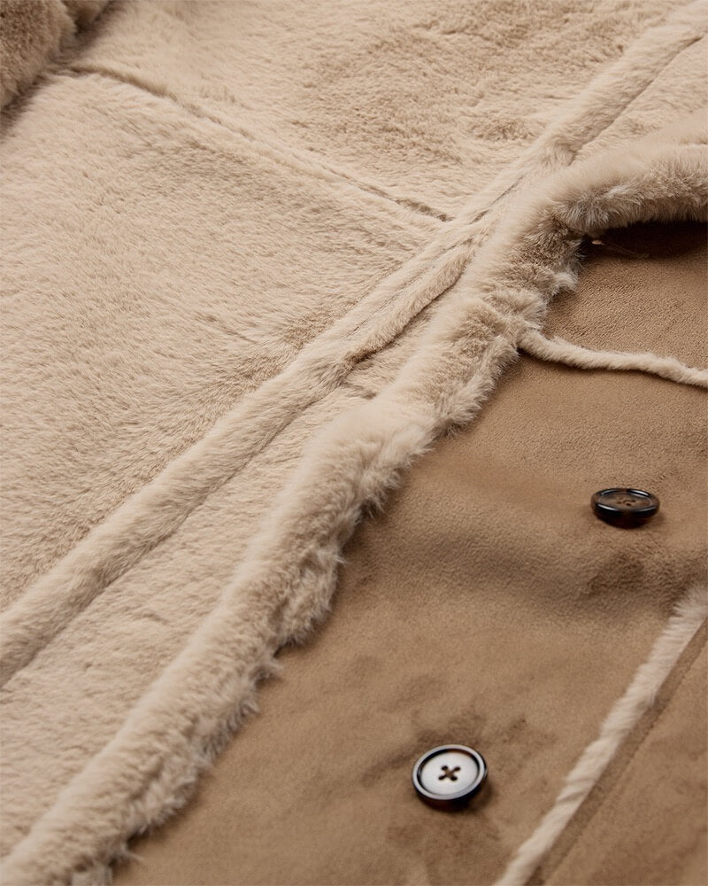 inderside af lang brun ruskindsjakke med faux fur. Freequent FQLAMSE-JACKET Lang Thrush