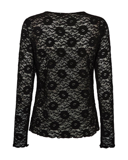 ryggen af sort blondebluse med blomstermønster. Freequent FQLENNON-BLOUSE Black