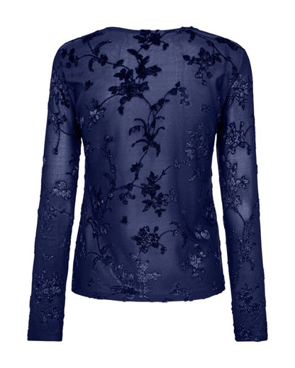 blå mesh bluse med blomster detaljer. Freequent FQBISKA-BLOUSE Patriot Blue