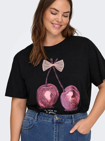 sort t-shirt med print. ONLY Carmakoma CARKITA Tee Black cherry bow