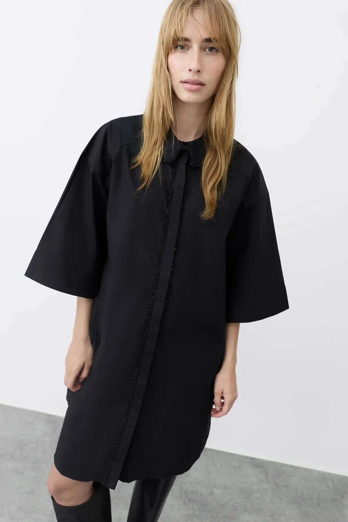 VILARA 3/4 LOOSE SHIRT DRESS - Black