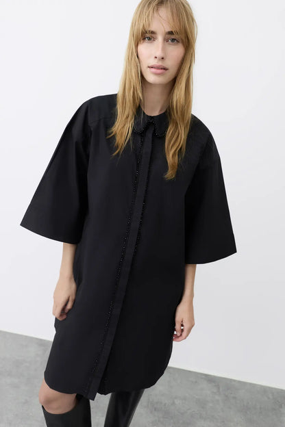 VILARA 3/4 LOOSE SHIRT DRESS - Black