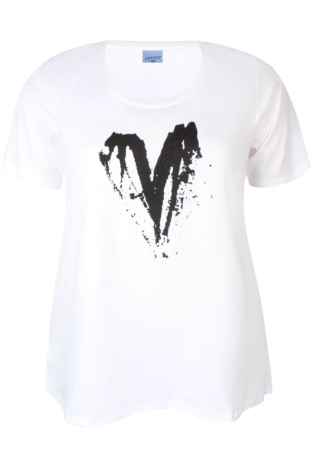kortærmet hvid t-shirt med print af sort hjerte på brystet. ZHENZI Fenn 713-T-shirt White
