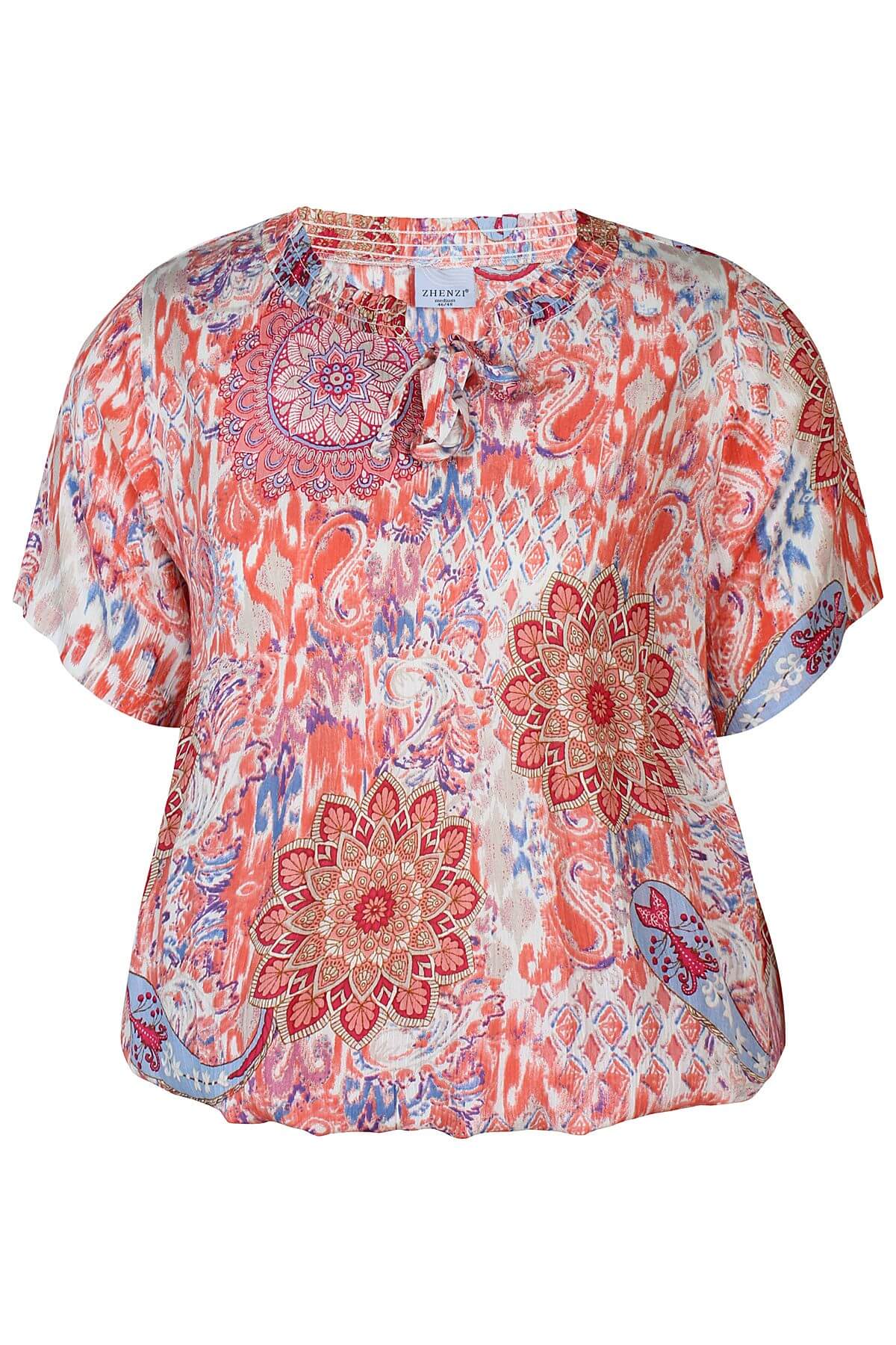 kortærmet mønstret bluse i et lyserødt og coralfarvet mønster. ZHENZI Zh-Lyne 830-Blouse Coral poppy