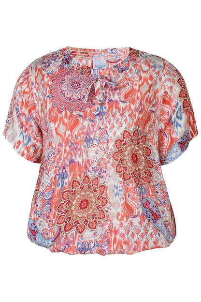 kortærmet mønstret bluse i et lyserødt og coralfarvet mønster. ZHENZI Zh-Lyne 830-Blouse Coral poppy