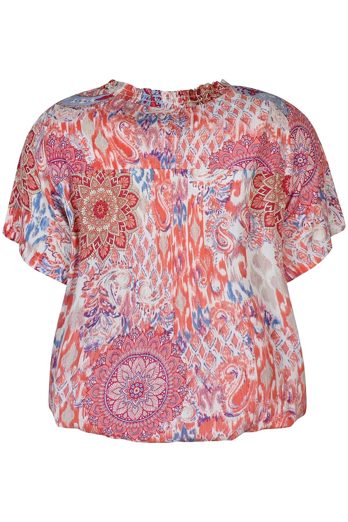 ryggen af kortærmet mønstret bluse i et lyserødt og coralfarvet mønster. ZHENZI Zh-Lyne 830-Blouse Coral poppy